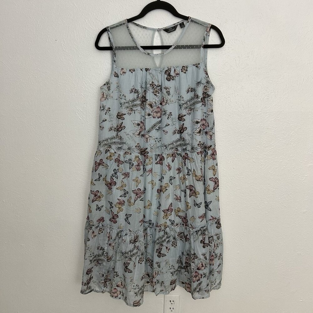 Mile Gabrielle Blue Butterfly Floral Tiered‎ Dress Size S Lace Neck Sleeveless